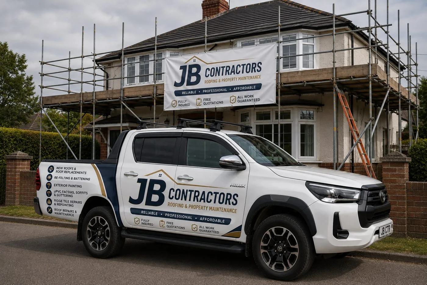 Northam Roofing pickup truck on site at a scaffolded roofing job in Northam